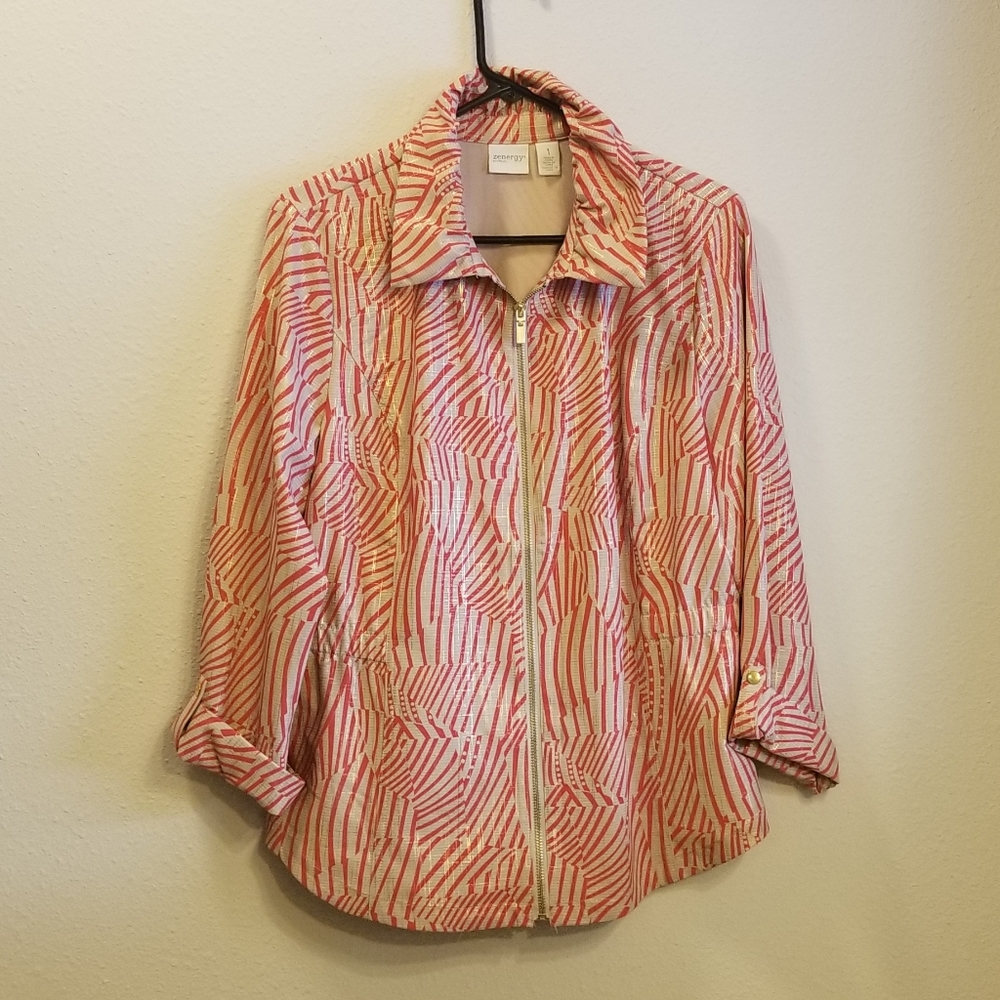 Zenergy Red Ecru Jacket Chico's Sz 1 (Reg. 8)